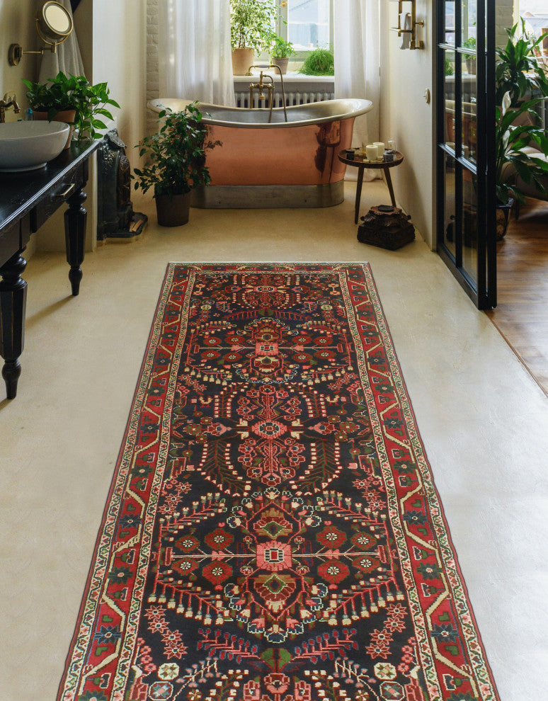 Fine Vintage Distressed Nasser Navy/Red Runner, 3'6 x 10'2