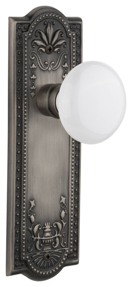 Meadows Plate Privacy White Porcelain Knob, Antique Pewter