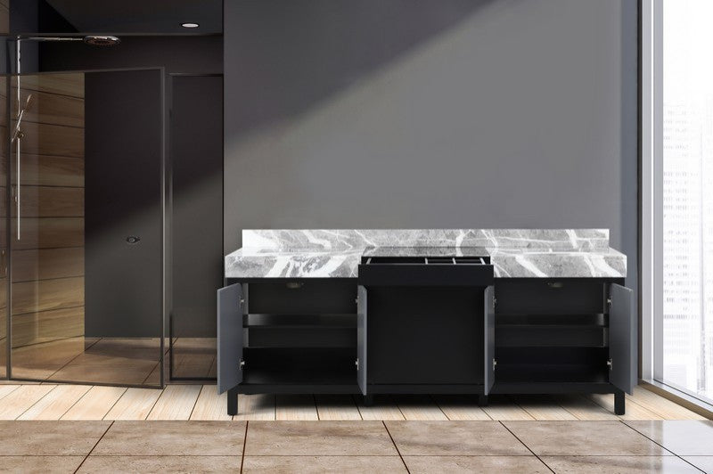Zilara 84" Black and Grey Double Vanity, Castle Grey Marble Tops