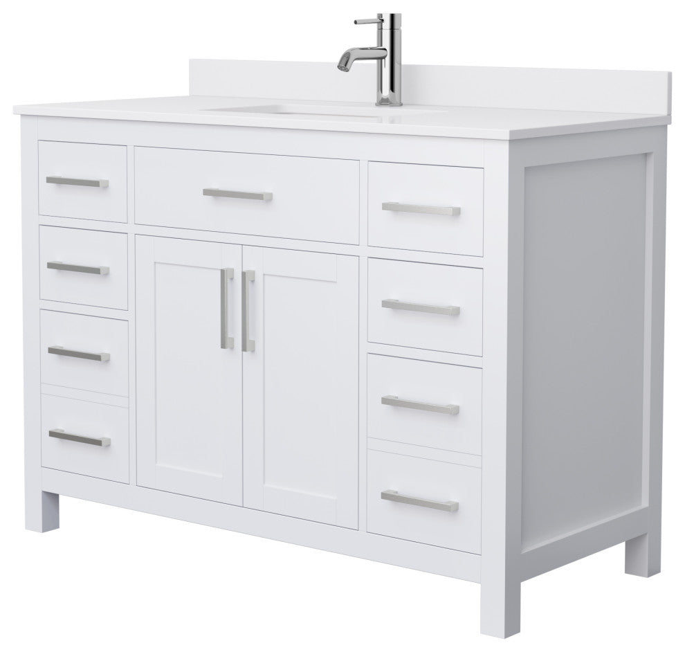 48" Single Bath Vanity White, White Cult. Marble Countertop, Sink, Nickel Trim