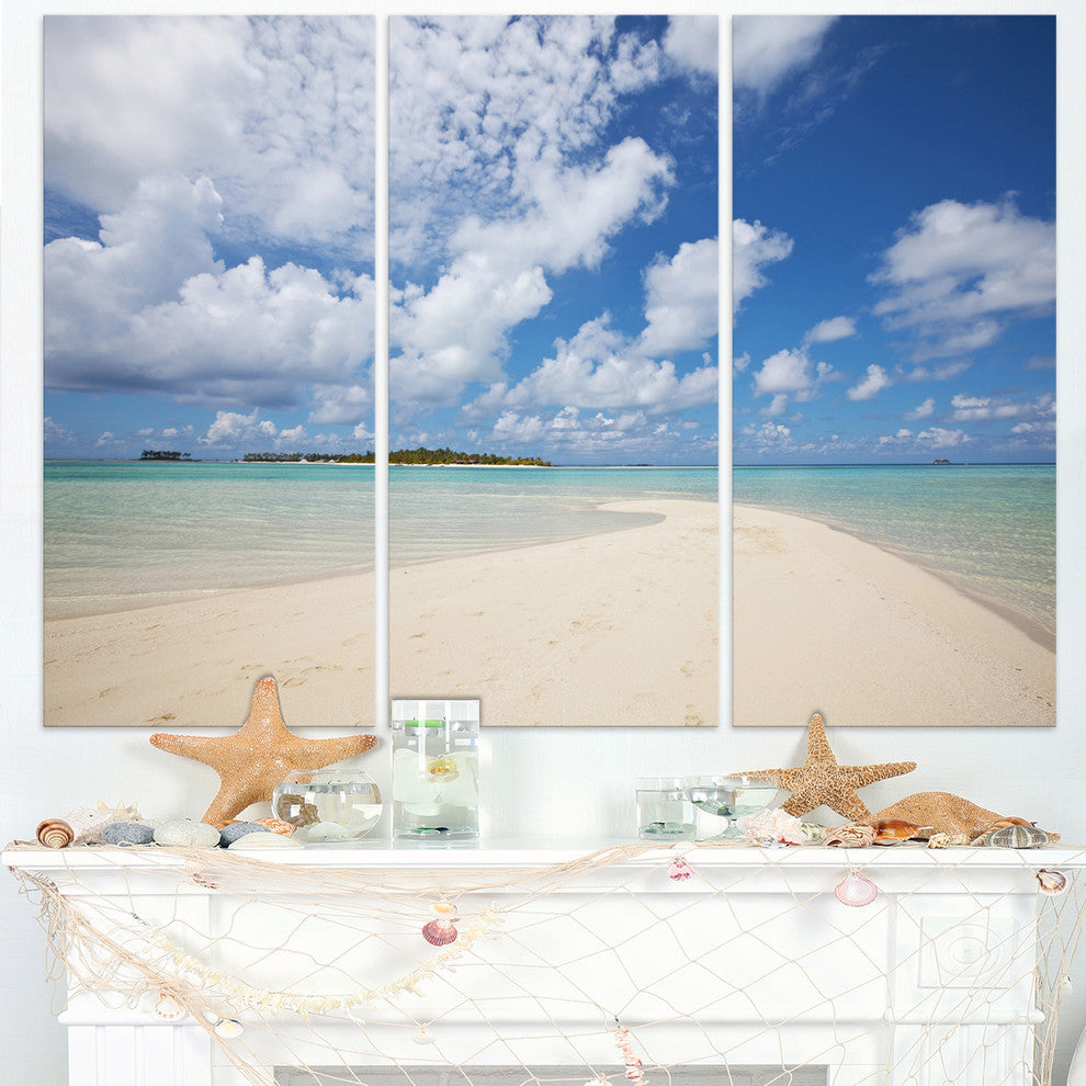 Serene Maldives Beach under Clouds - Seascape Metal Art - 36x28 - 3 Panels