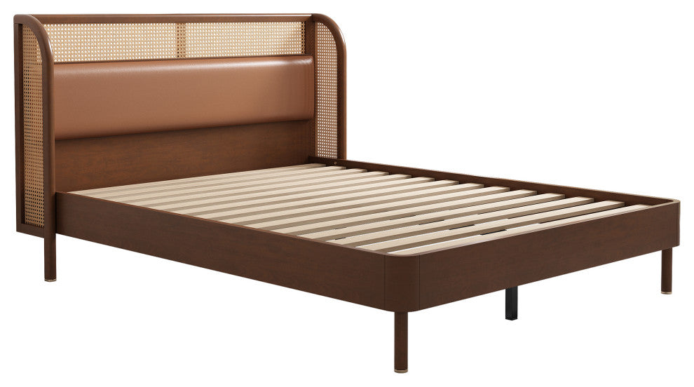 Black/Walnut Queen Wood Frame Platform Bed, Wingback Headboard, Walnut