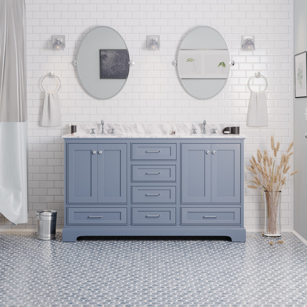Harper 60" Bathroom Vanity, Powder Blue, Carrara Marble, Double