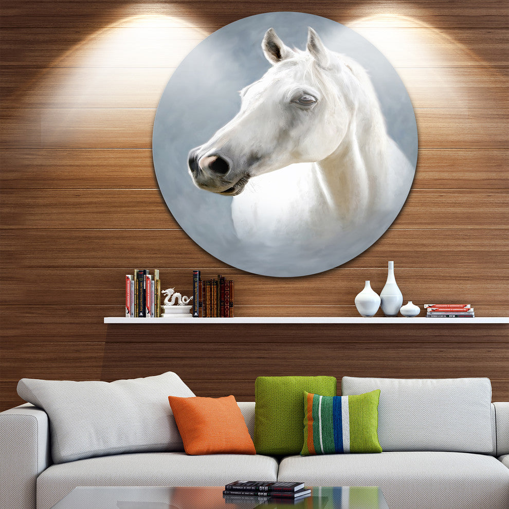 A White Horse Alone, Animal Disc Metal Artwork, 36"