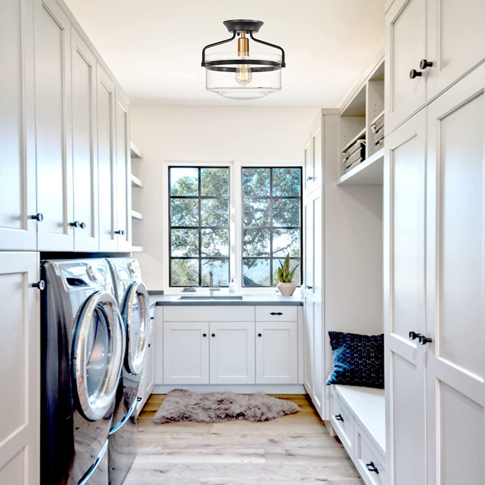 Industrial Semi Flush Mount Ceiling Light Fixture, Farmhouse, Black