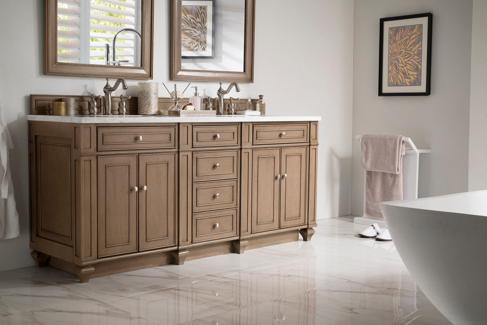 Bristol 72" Double Vanity Bright White, Whitewashed Walnut, Carrara Marble, Three-Hole