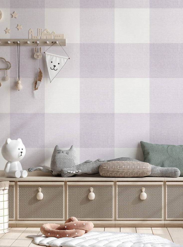 Checkered Fabric Look Large Peel and Stick Vinyl Wallpaper, Lilac, 24" X 60"
