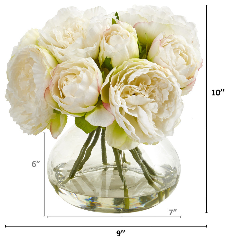 Nearly Natural Peony Artificial Arrangement in Vase White