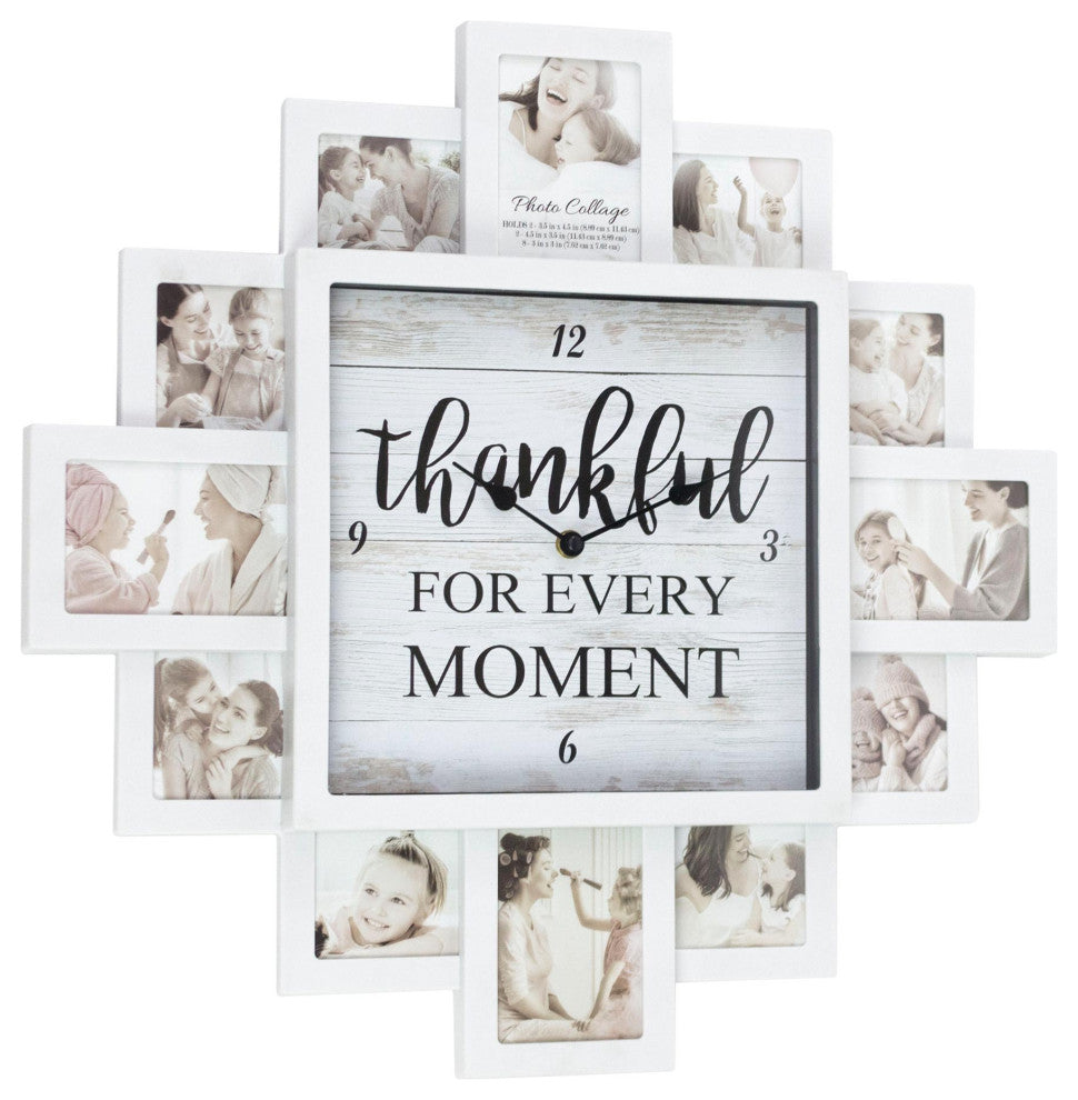 White Farmhouse Shabby-Chic "Thankful" Picture Frame Collage Wall Clock