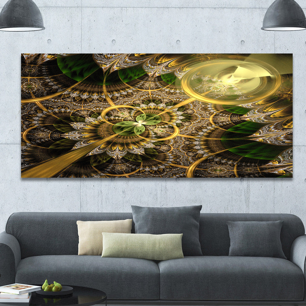 Dark Green and Gold Fractal Flower, Large Floral Canvas Art Print, 60"x28"