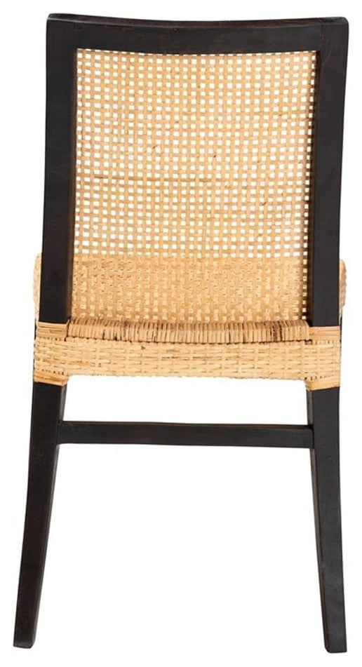 Lingga Modern Bohemian Dark Brown Mahogany Wood and Natural Rattan Dining Chair