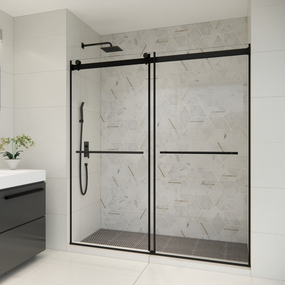 Frameless Exposed Roller Shower Door, Clear Glass, Matte Black, 68" W X 76" H