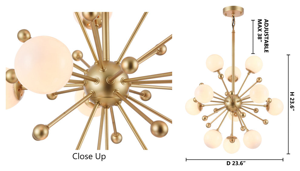 Gold Spike Light Fixture, White Glass Globe Shades