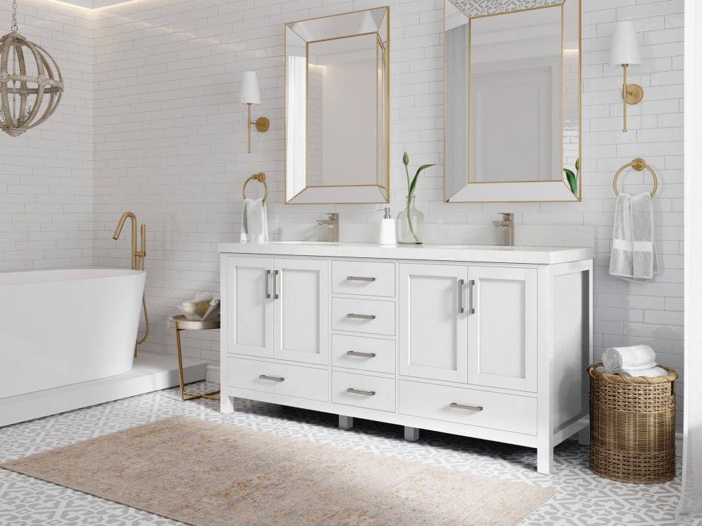 Malibu 72 Double Sink Bath Vanity in White  2" Calacatta Nuvo