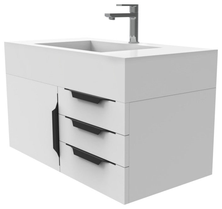 CastelloUSA Nile 36" Wall Mounted Vanity Set, White, White Top, Black Handles