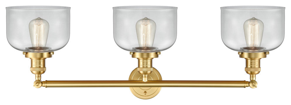 Large Bell 3 Light Bath Vanity Light, Satin Gold, Clear