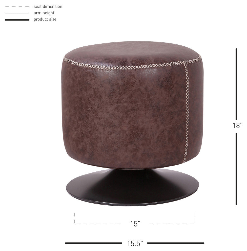 Gaia PU Leather Round Ottoman, Vintage Coffee Brown