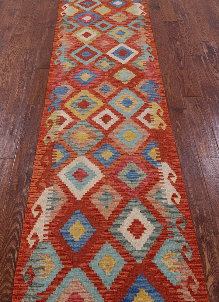 2' 8" X 9' 9" Runner Kilim Flat Weave Reversible Wool On Wool Rug - Q12555