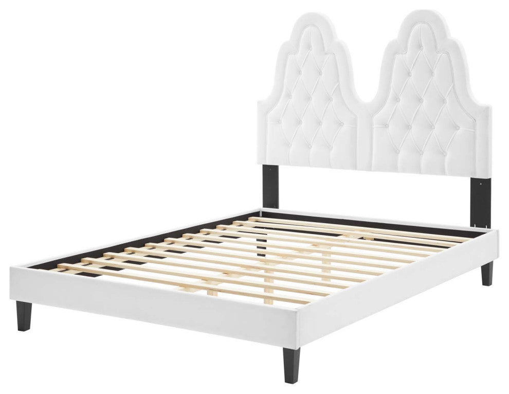 Tufted Platform Bed Frame, King Size, Velvet, White, Modern Contemporary