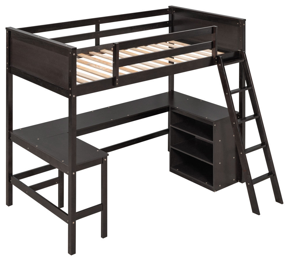 Gewnee Twin size Wood Loft Bed with Shelves and Desk in Espresso