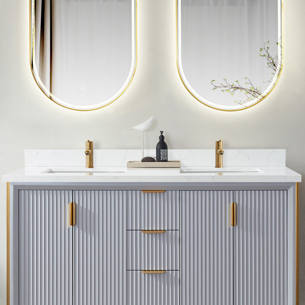 Malaga Composite Stone Vanity Top With Ceramic Sink, Grain White, 61"