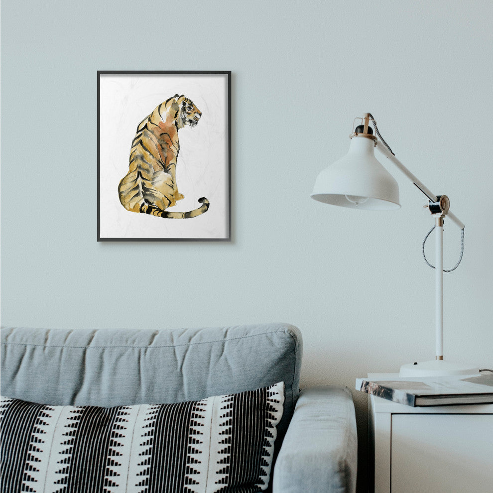 Tiger Posture Watercolor Animal Painting, 16"x20", Black Frame
