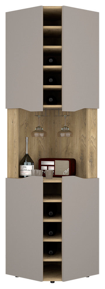 DEPOT E-SHOP Mecca Corner Bar Cabinet, 4 Doors, 8 Shelves, Macadamia/Taupe