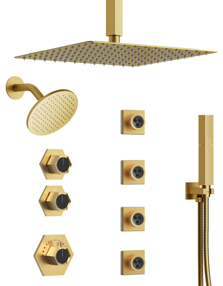 Themostatic Shower System 12" High-Pressure Dual Heads, Brushed Gold