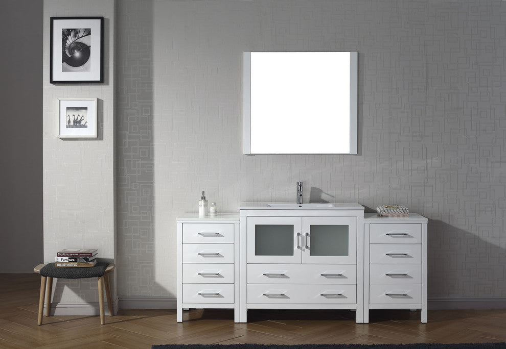 Virtu Dior 72" Single Bathroom Vanity, White, Polished Chrome Faucet, Mirror
