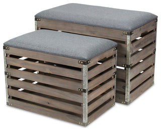 2-Piece Rectangular Wood Slat Storage Bench With Metal Accent and Lid