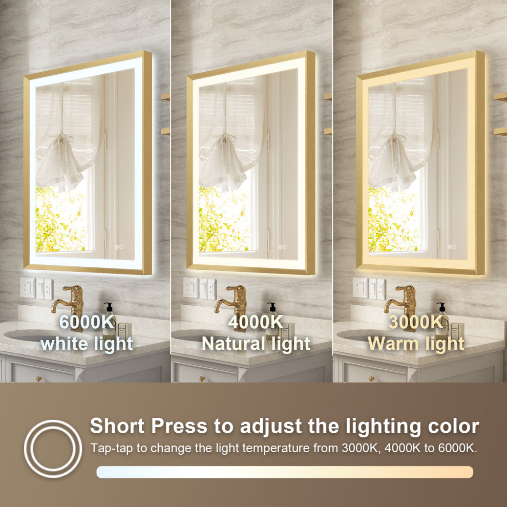 Beveled Bathroom LED Mirror Framed, Backlit and Front Light, Gold, 24"x32"