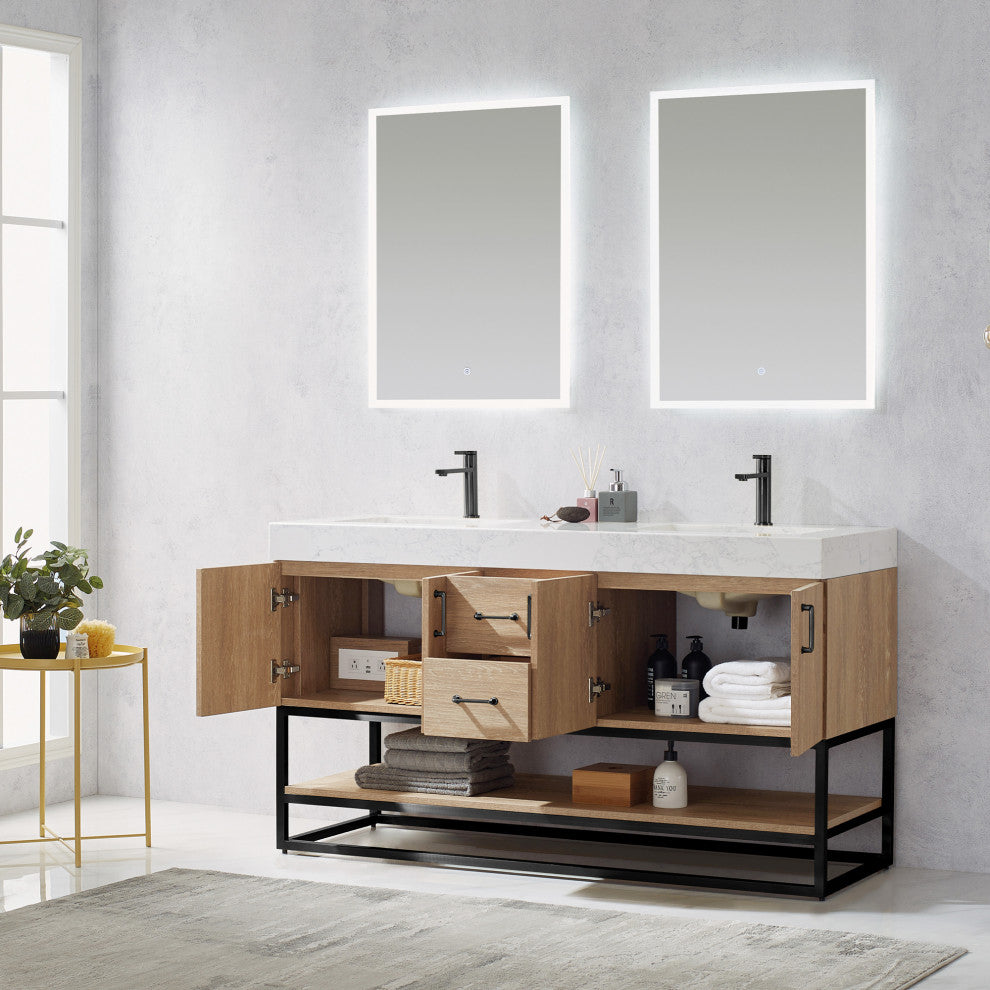 Alistair Vanity, North American Oak, Matte Black Hardware, 60" Double Sink, With Mirror