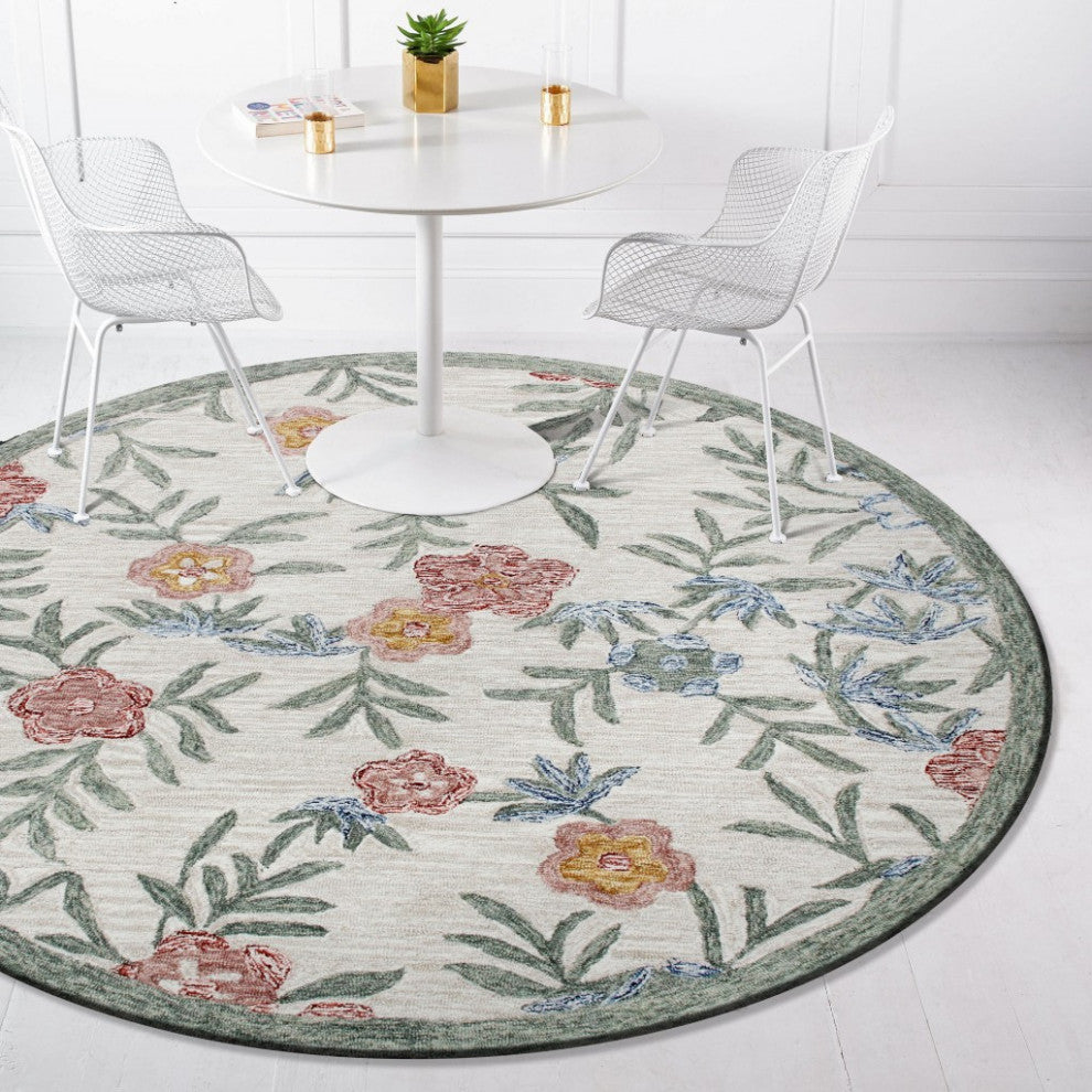 6" Round Gray Floral Traditional Area Rug