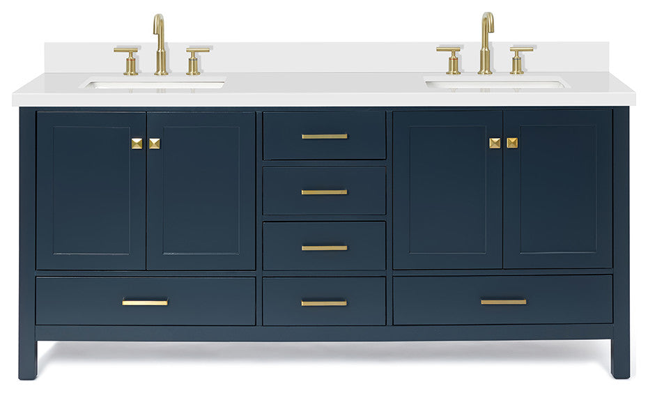 ARIEL Cambridge 73" Double Rectangle Sink Blue Vanity Quartz Top, No Mirror