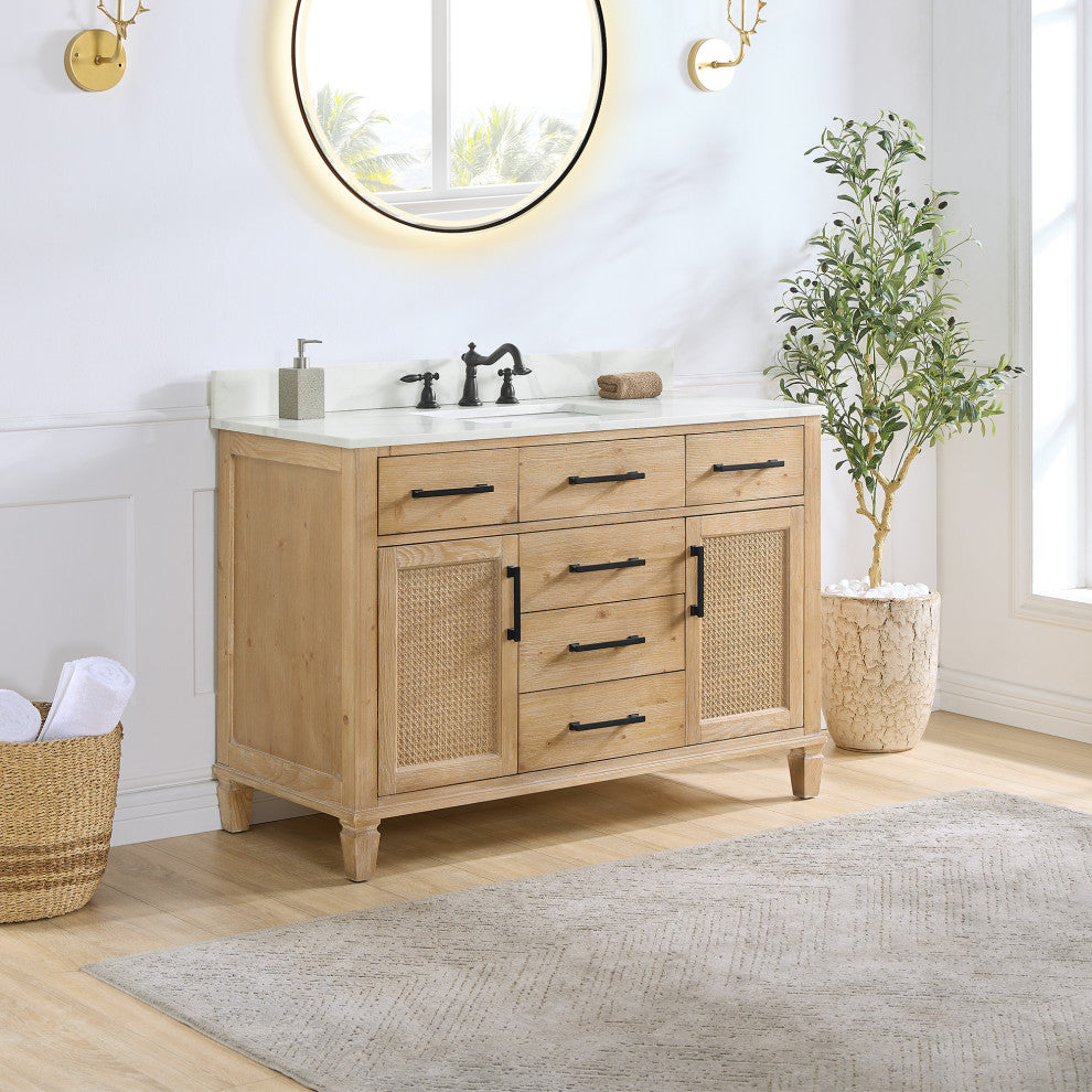 Solana Bathroom Vanity with Calacatta White Quartz Stone Countertop, Weathered Fir, 48", Without Mirror