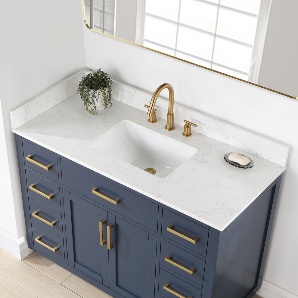Gavino Vanity With Grain White Composite Stone Top, Royal Blue/Brushed Gold, 48", No Mirror