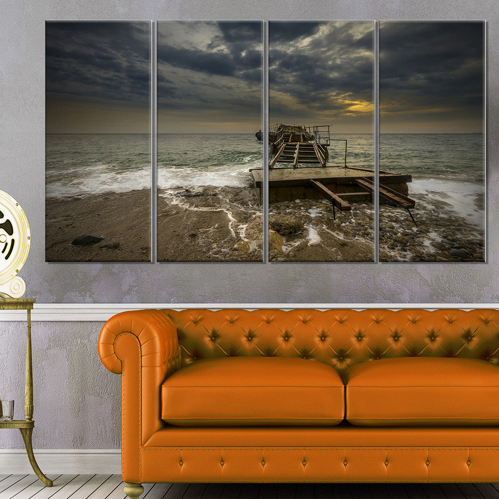 "Ruined Wooden Pier For Boats At Sunset" Sea Bridge Wall Art, 4 Panels, 48"x28"