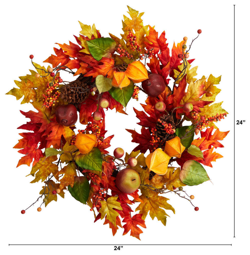 24" Autumn Maple Leaf and Berries Fall Artificial Wreath