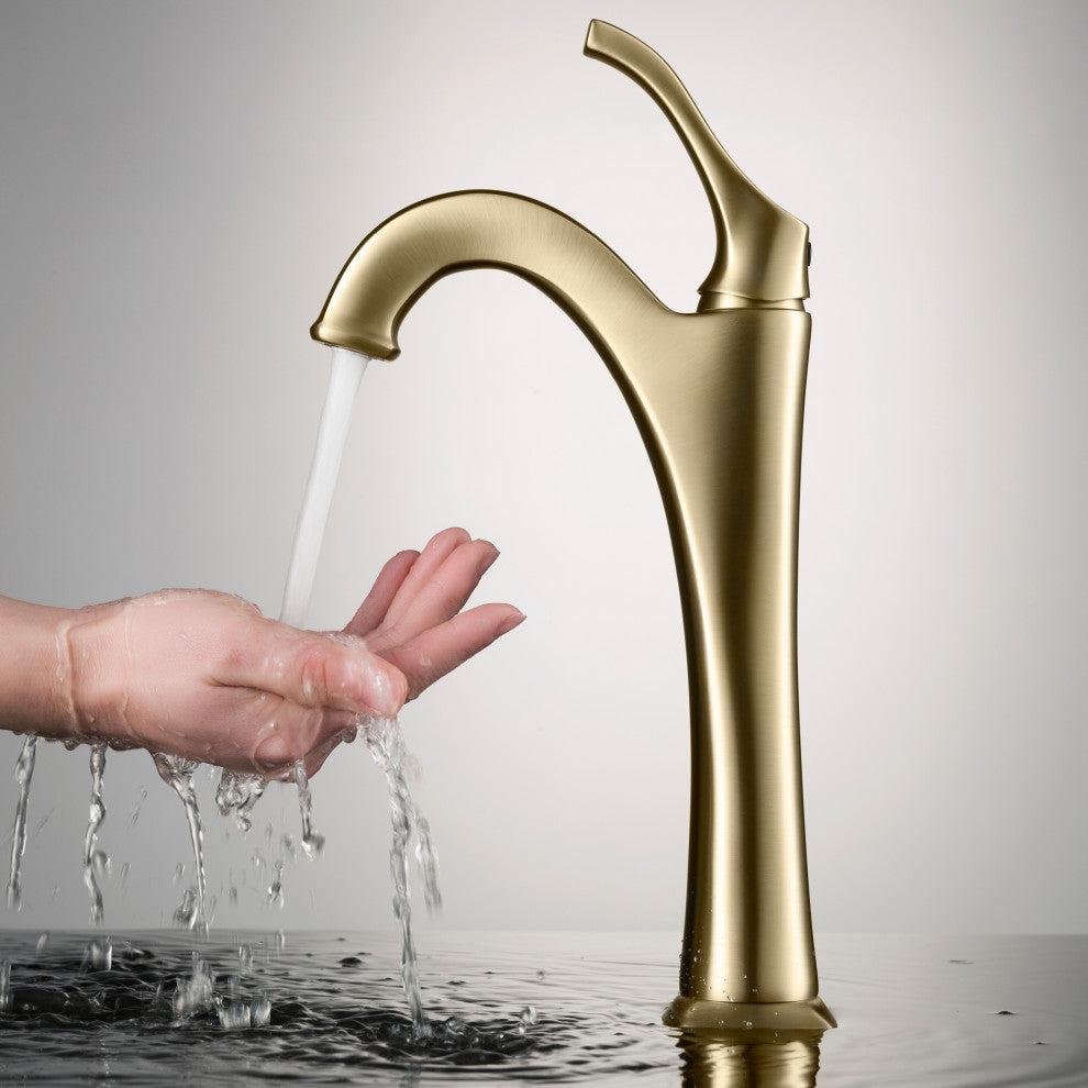 Arlo Single Handle Lever 1-Hole Vessel Bathroom Faucet Brushed Gold w PU Drain