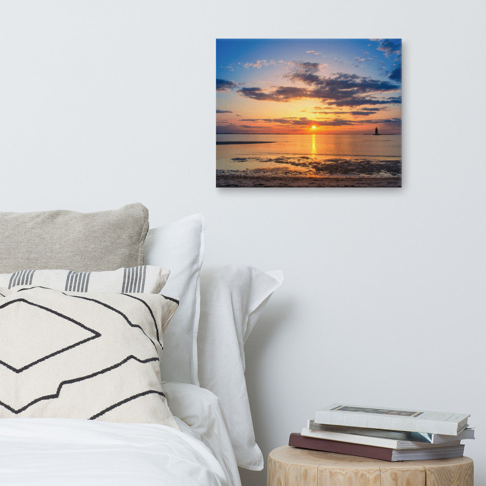 Sunset at Breakwater Lighthouse Coastal Landscape Photo Canvas Print, 16" X 20"