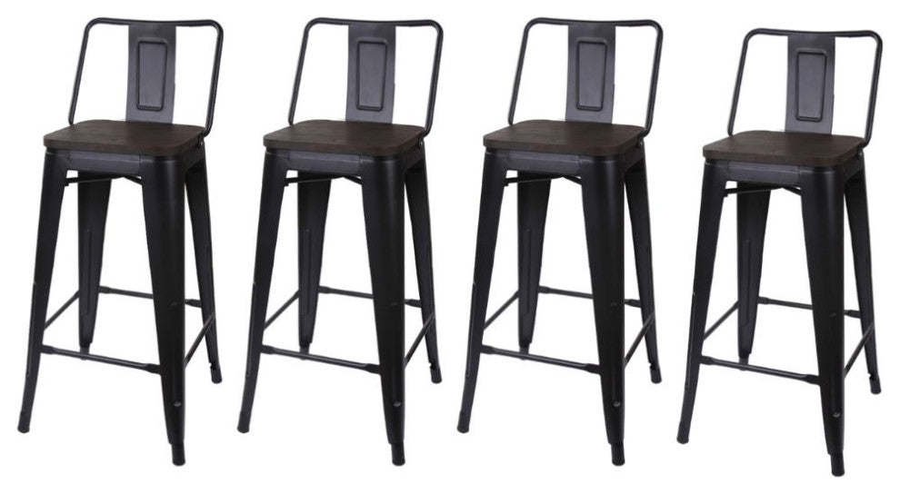 Black Middle Back Metal Barstools With Wooden Seat, Set of 4