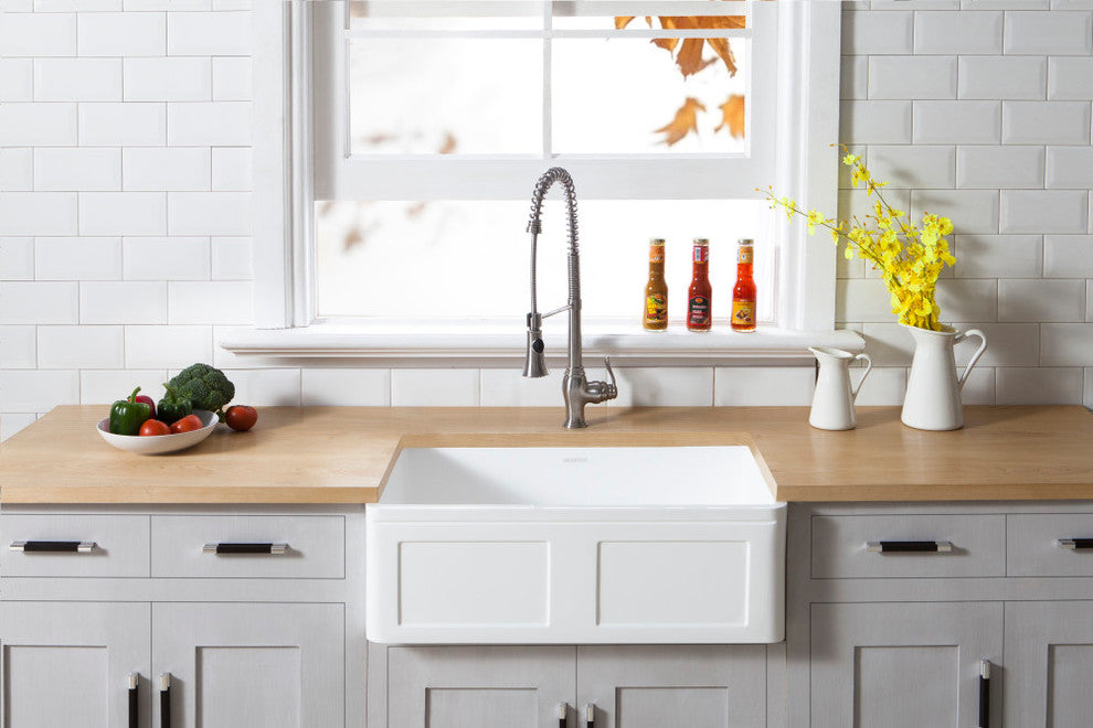 Solid Surface White Stone Front Farmhouse Single Bowl Kitchen Sink, Matte White