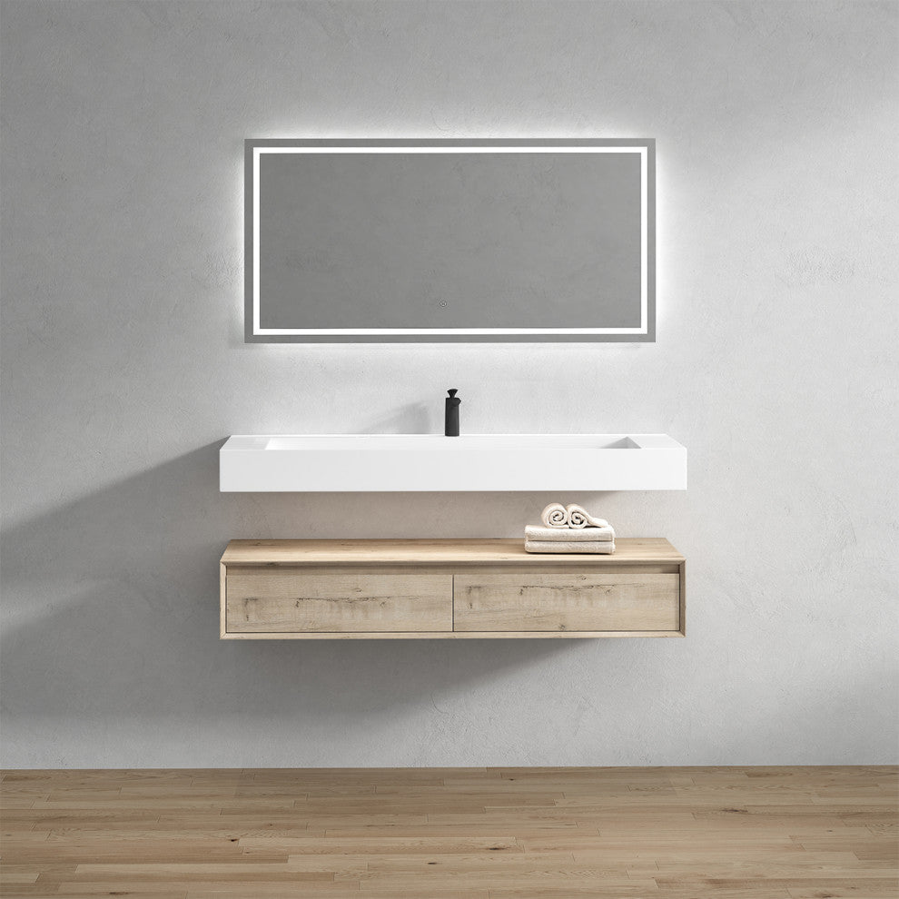 Alysa 60" Floating Bath Vanity, Acrylic Sink/Single Faucet Hole, Light Oak