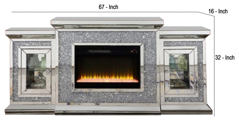 Benzara BM269596 Fireplace/2 Storage Doors and Beveled Mirror Framing, Silver