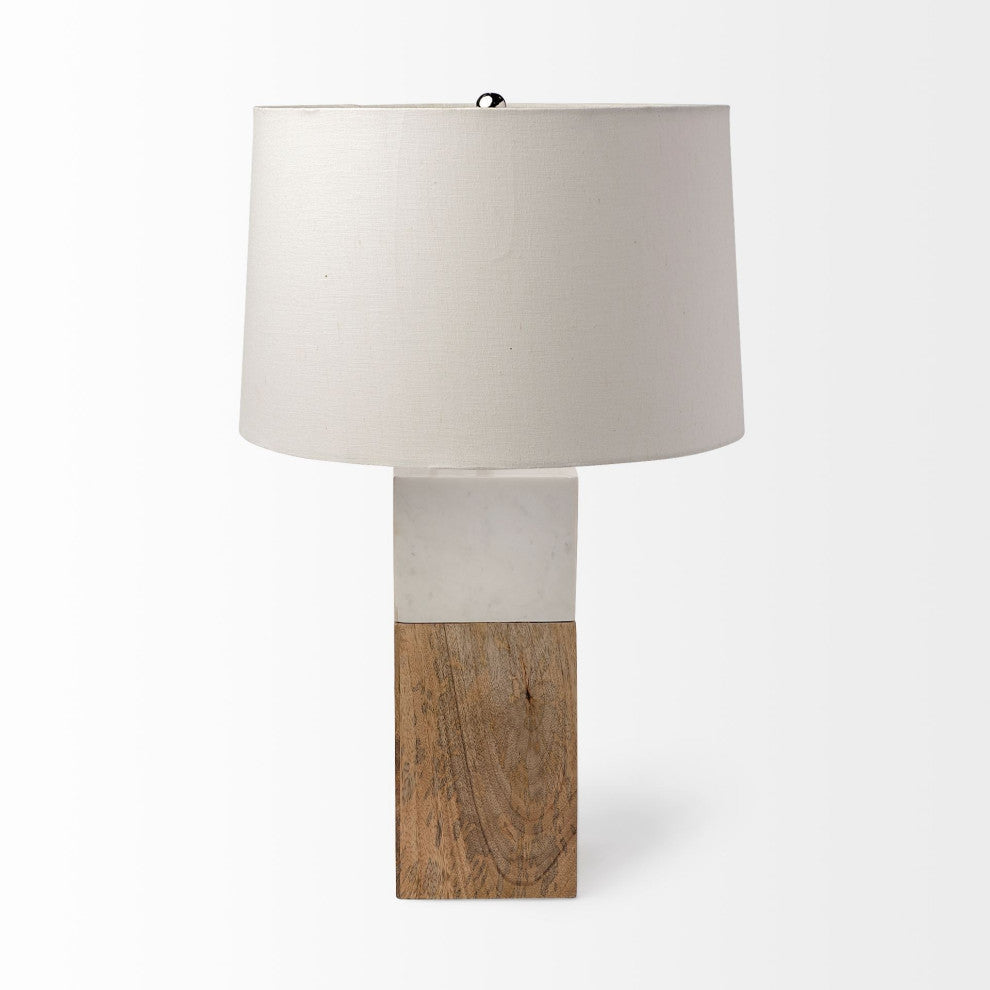White Marble and Natural Wood Block Table or Desk Lamp