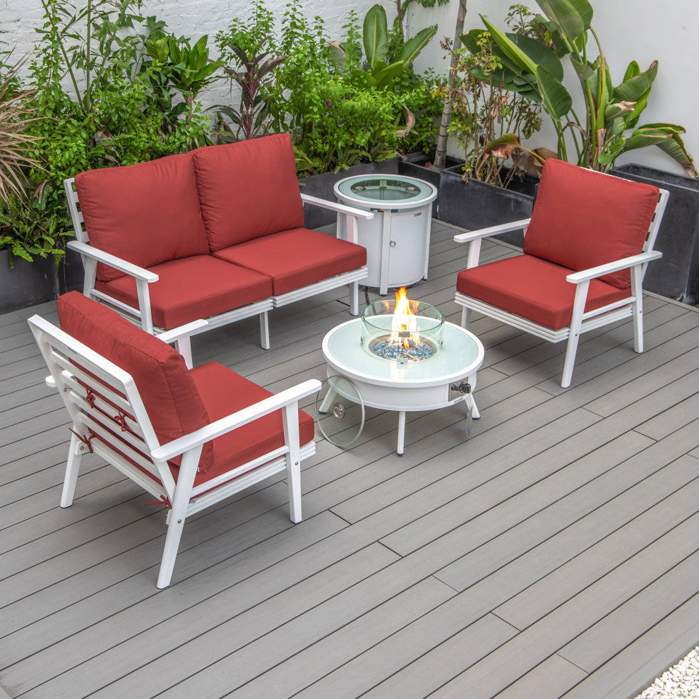 LeisureMod Walbrooke White Patio Conversation Set With Fire Pit, Red