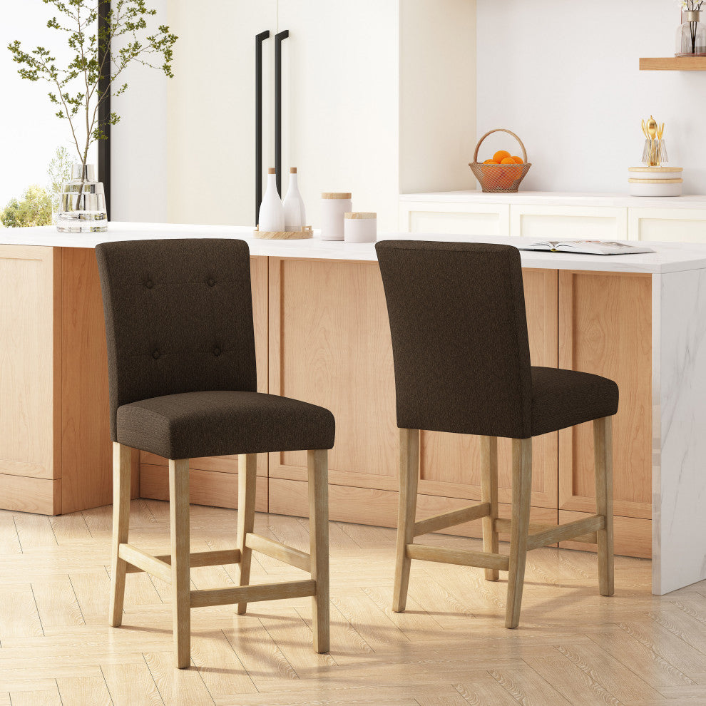 Dellroy Contemporary Fabric Button Tufted 26" Counter Stools, Set of 2, Brown/Weathered Brown