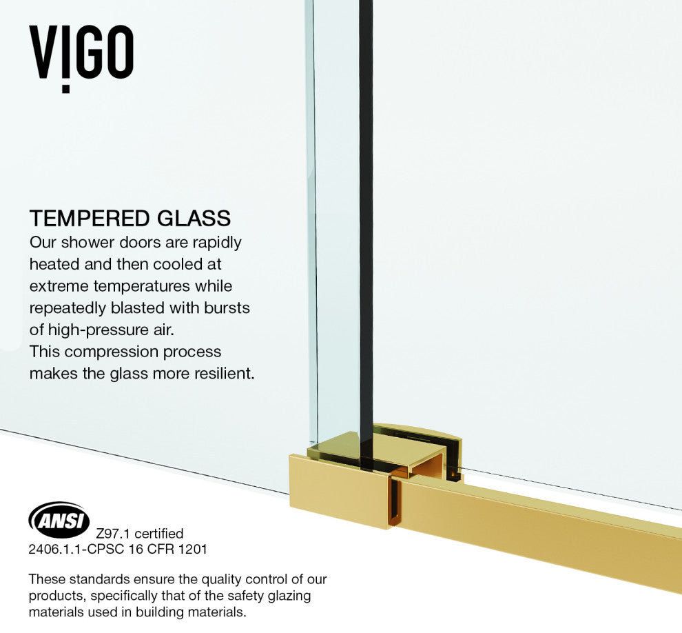 VIGO Luca 56" to 60" W x 79" H Frameless Sliding Shower Door, Matte Brushed Gold, Clear Glass