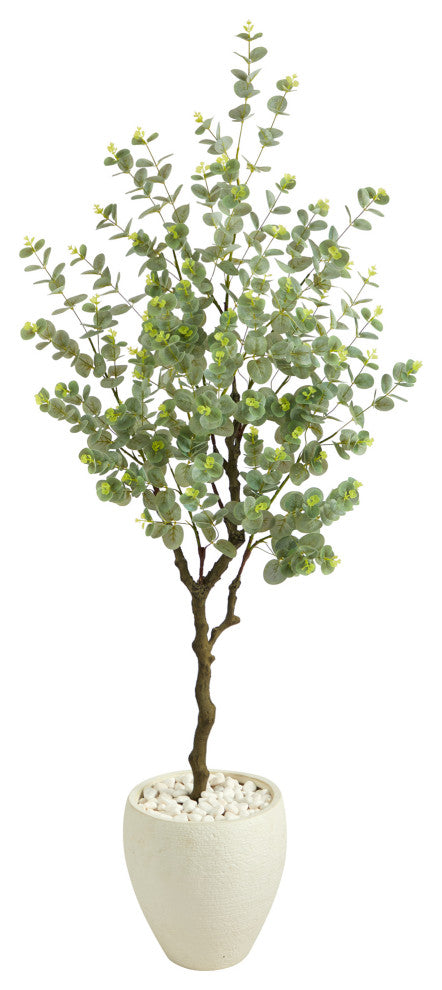 63" Eucalyptus Artificial Tree, White Planter