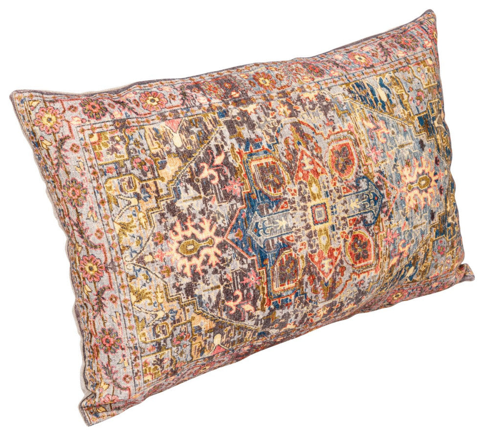 24" Cotton Printed Lumbar Pillow, Pattern, Chambray Back, Multicolored